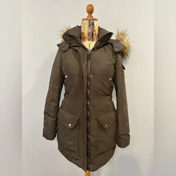 Andrew Marc New York Full Zip Faux Fur Down Feather Hooded Olive Puffer Coat - Picture 5 of 9